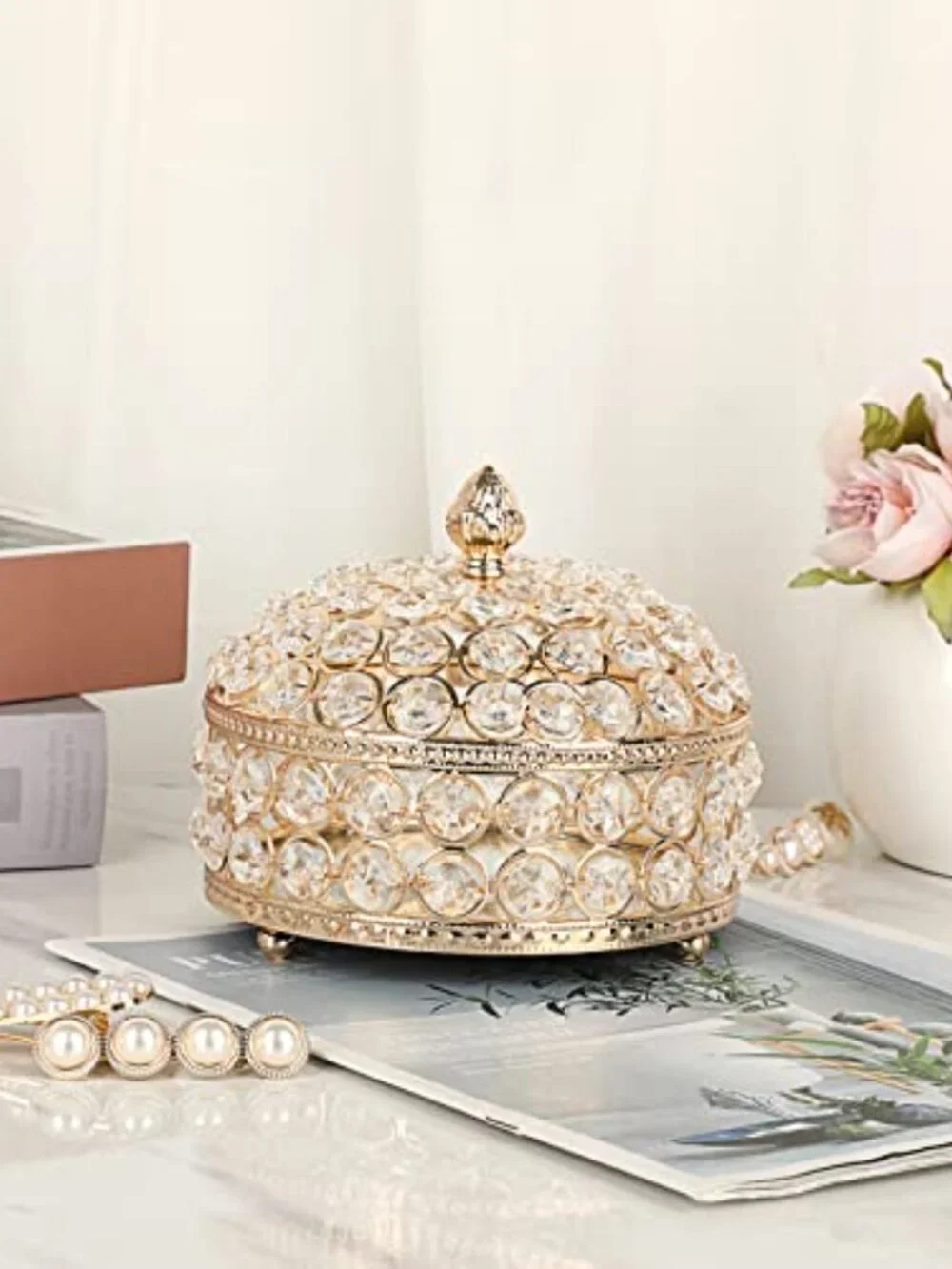 Gold Crystal Jewelry Box with Lid Luxury Trinket Organizer, X-Large | Mirrored T